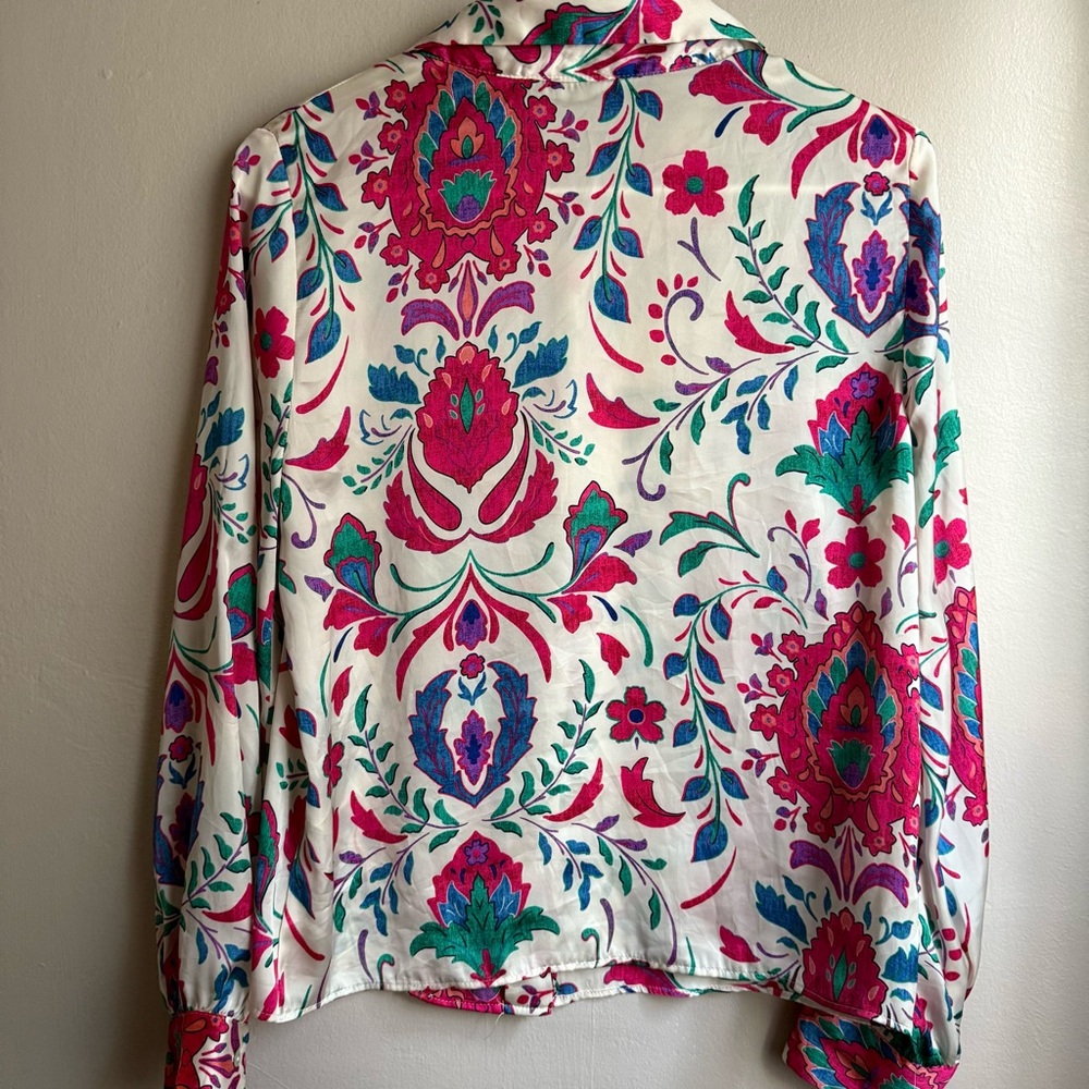 Zara Floral Print Button Down Blouse White Hot Pink Blue Retro Size Small - Picture 3 of 9